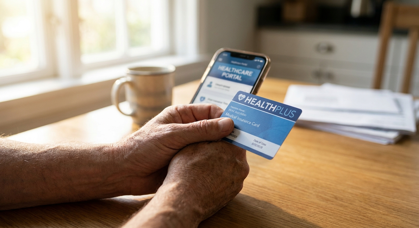 Parent's hands holding insurance card and phone at kitchen table, representing families researching rehab coverage and costs