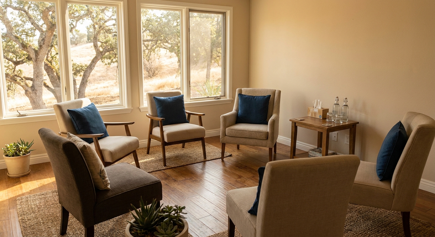 Empty circle of chairs in a bright therapy room with natural light and California landscape visible through windows, representing a welcoming dual diagnosis treatment setting