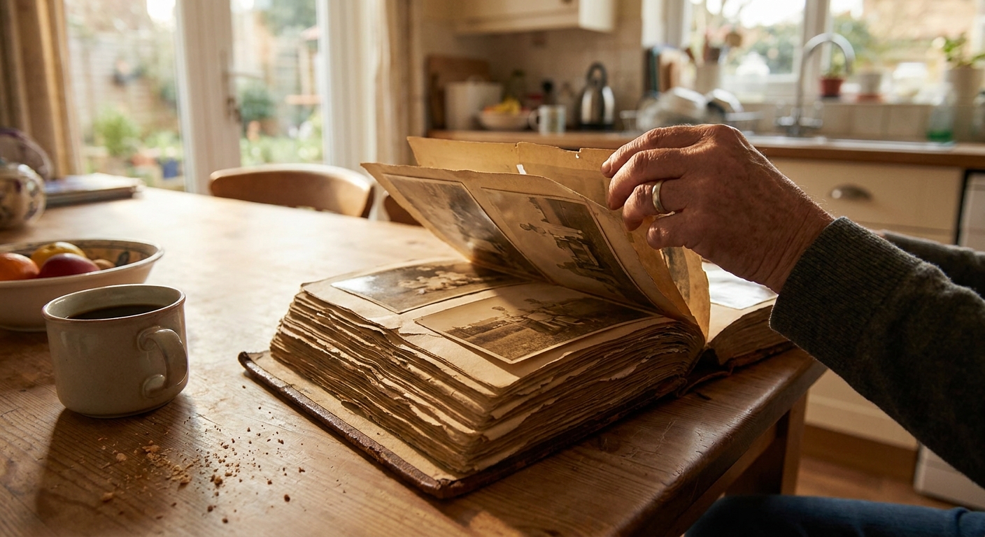 Hands holding open a family photo album on a kitchen table, representing the search for understanding family history and patterns related to dual diagnosis