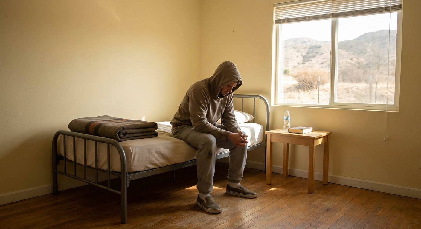 Person sitting thoughtfully on bed in sparse residential treatment room with natural daylight, representing the emotional challenges of mid-stage addiction recovery