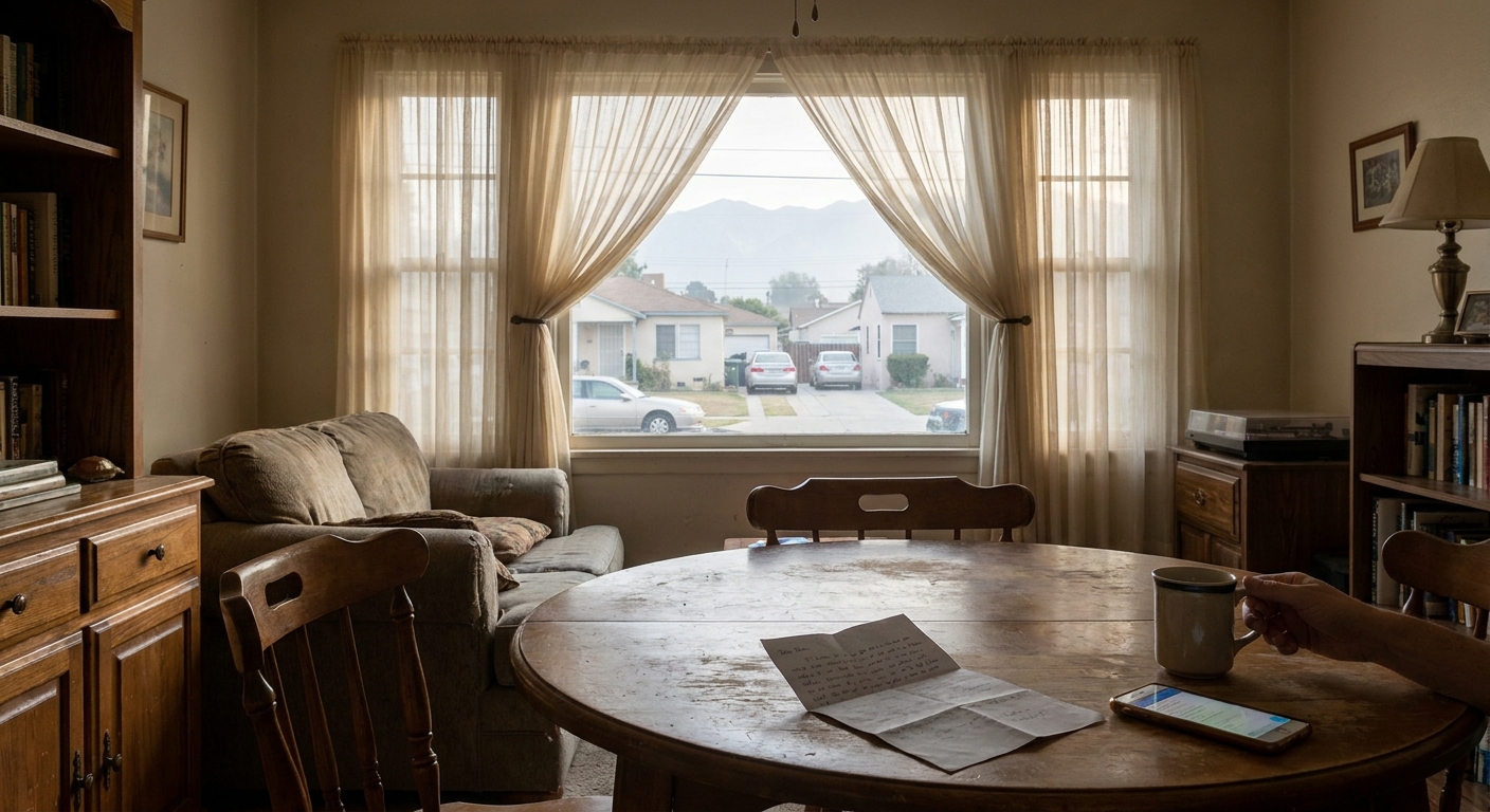Quiet morning light in a Riverside home living room with coffee mug and handwritten notes on table, mountains visible through window